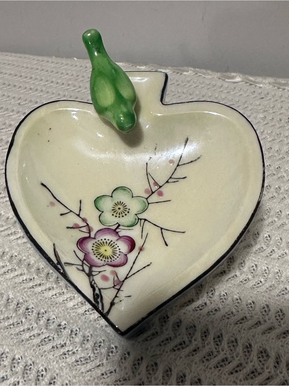 Heart-Shaped lusterware Trinket Dish with Green Bird Accent vintage